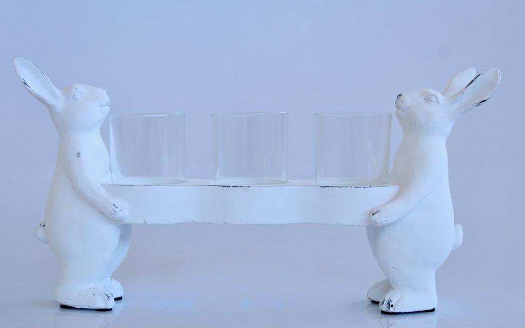 2 White Bunnies 3 Glass Tea Light Holder